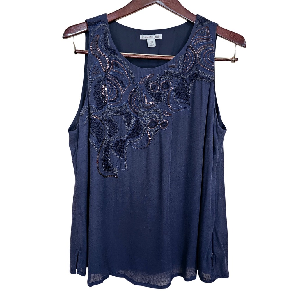 Coldwater Creek Tank Top PXL Navy Blue Embroidered Sequined Sleeveless Blouse